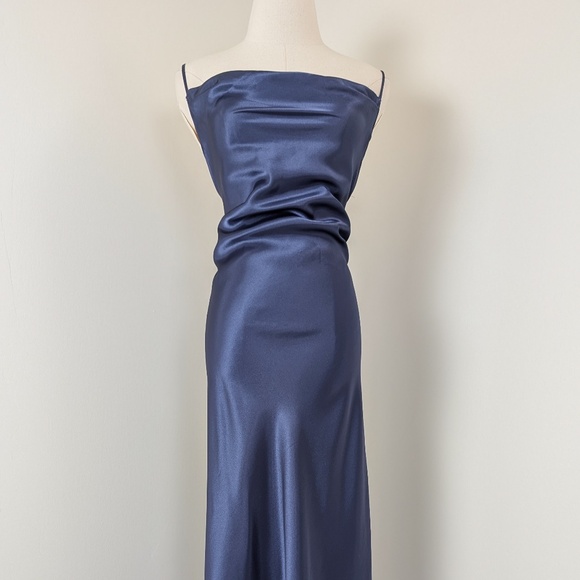 90s Navy Maxi Satin Slip Cowl Neckline Spaghetti Straps Floor Length Open Back - Picture 2 of 14